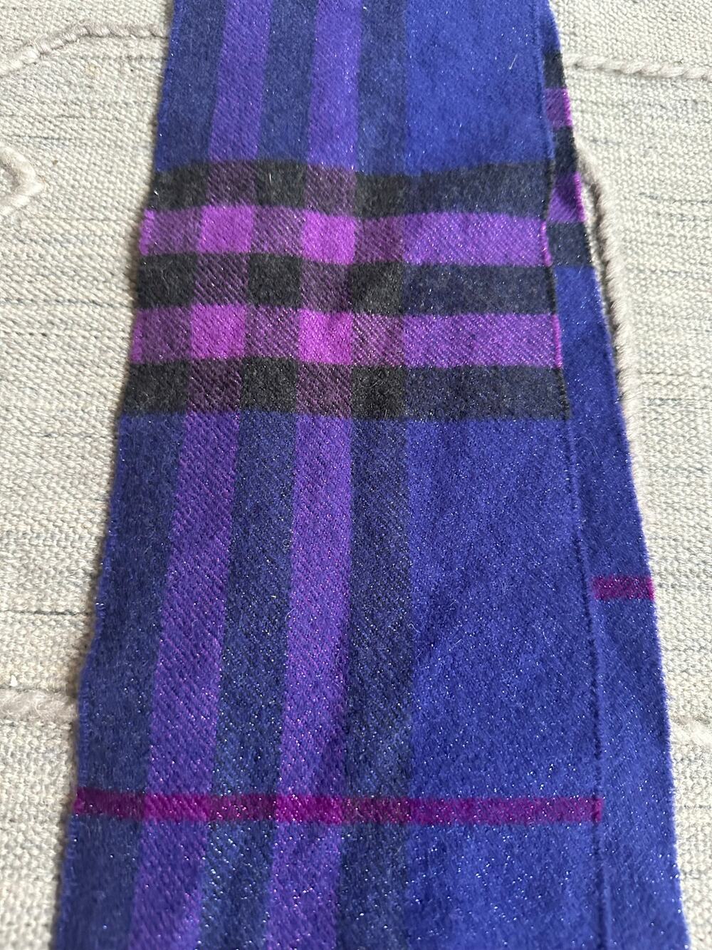 Burberry Blue Black Purple Check Scarf metallic thread 82x6” long fringed